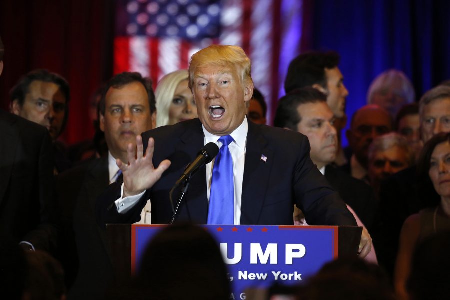 Republican presidential candidate Donald Trump addresses the media after his sweep of five states' primaries on Tuesday, April 26, 2016, in New York. (Carolyn Cole/Los Angeles Times/TNS)