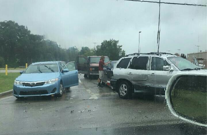 The rain on July 28 did not help students navigate the new turning lanes built on Jeff Road. Photo by Olivia Jones
