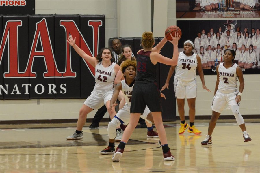 Senior+Deserea+Walker+plays+defense+against+Huntsville+in+the+area+tournament.+The+team+defeated+Huntsville+to+advance+and+eventually+clinch+the+championship.+