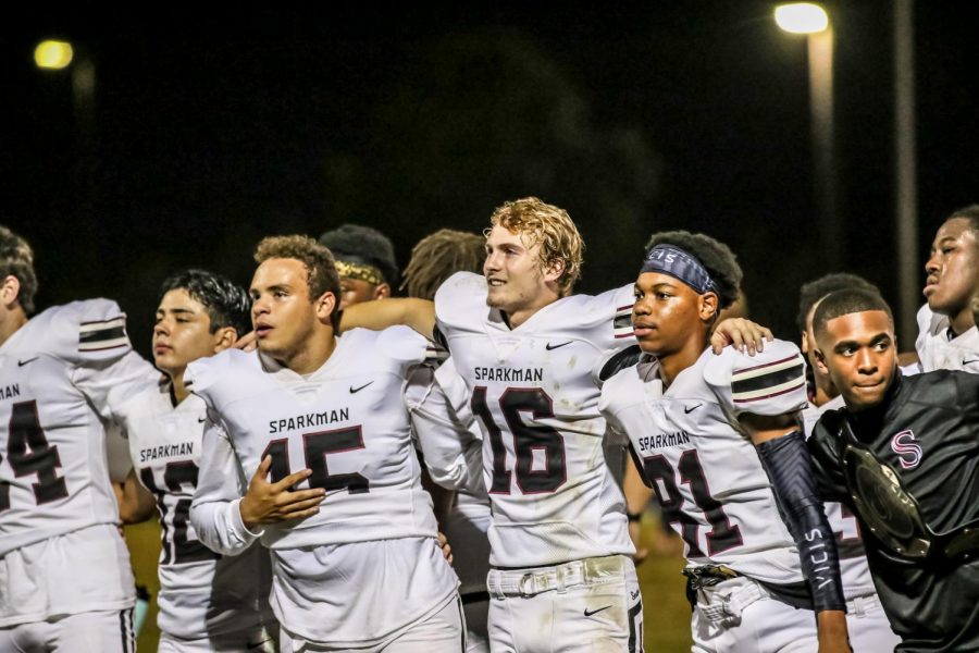 The team celebrates after their 27-14 win over Bob Jones on Friday, Oct. 11. The Senators had not beaten Bob Jones since 2006.