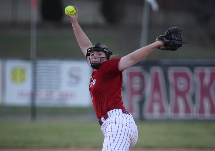 Winding her pitch, sophomore Ella Boyd prepares to strike out the batter. 
