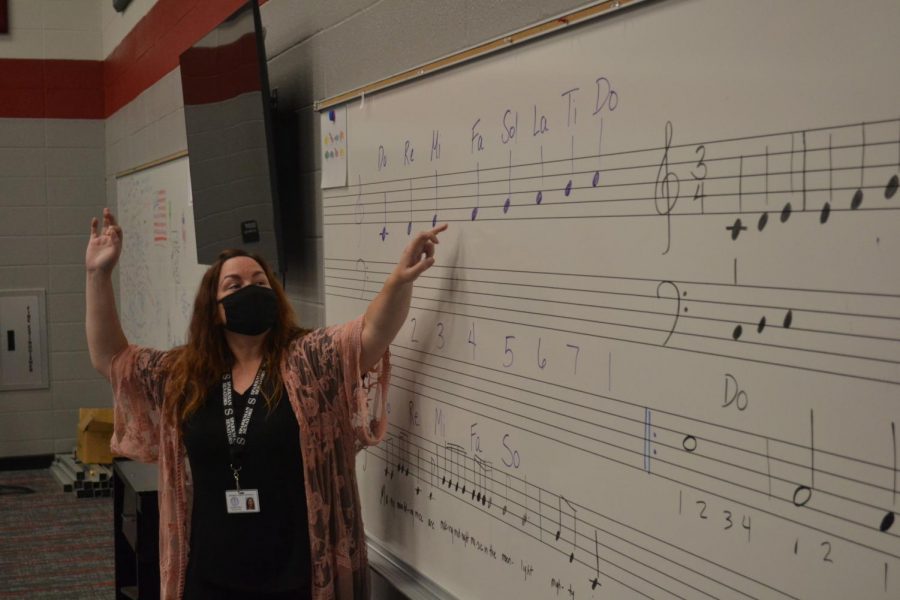 Going over the music scale with her second period class, new choir teacher Sharon Acray settles into her new position. 