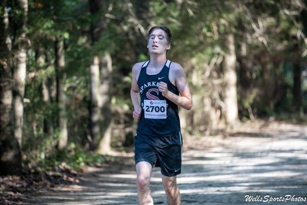 Sophomore Wyatt Harris nears the end of the first cross country race of the season.