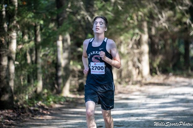 Sophomore Wyatt Harris nears the end of the first cross country race of the season. 