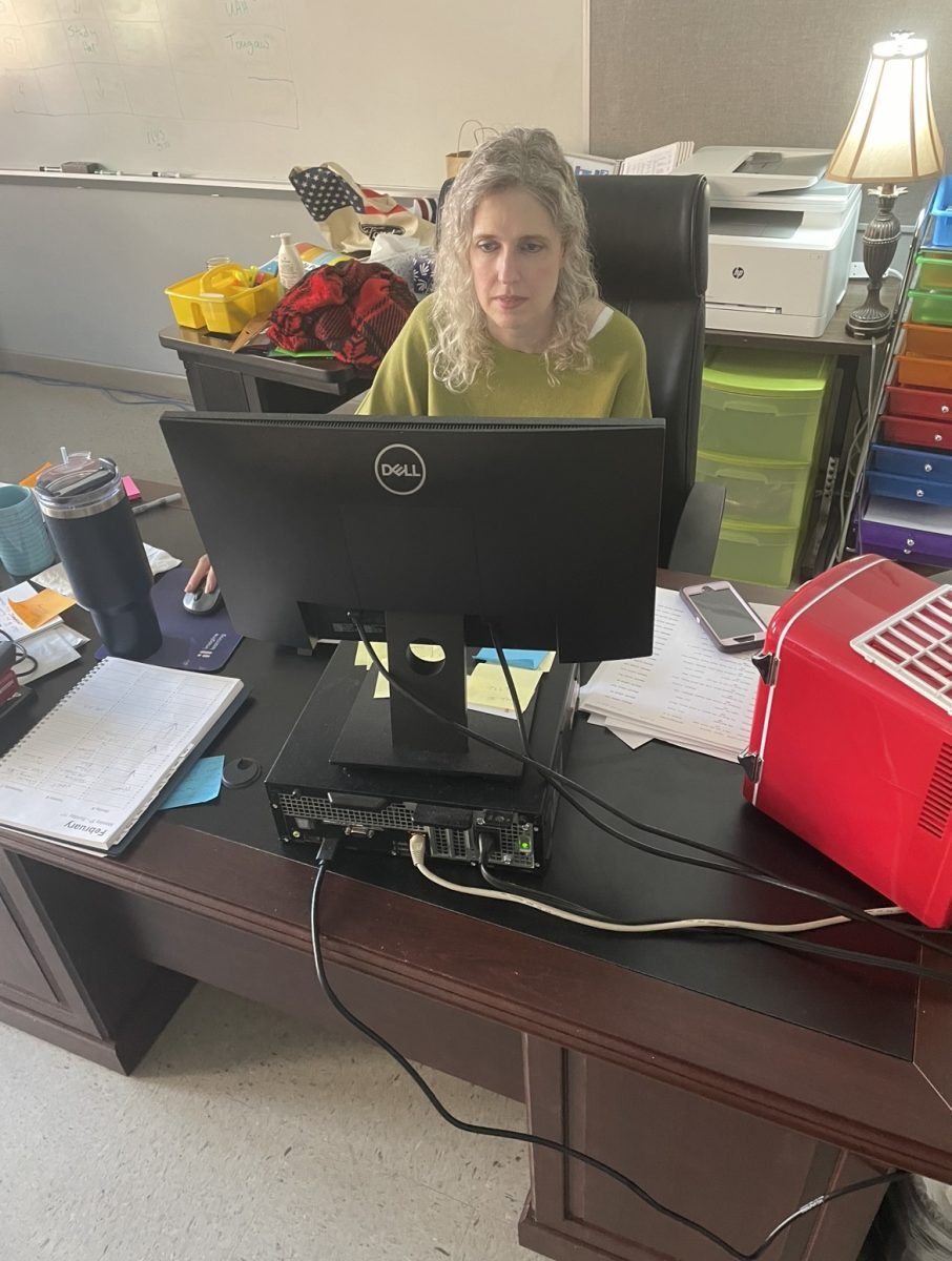 Mrs. Kessler looks at book orders to help keep the library up to date.