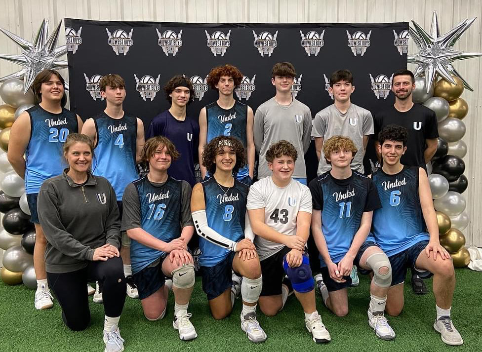 United 18 boys volleyball team takes a team photo before playing a match in Indianapolis. Sophomore Samuel Hayes has played with the team for two years. 